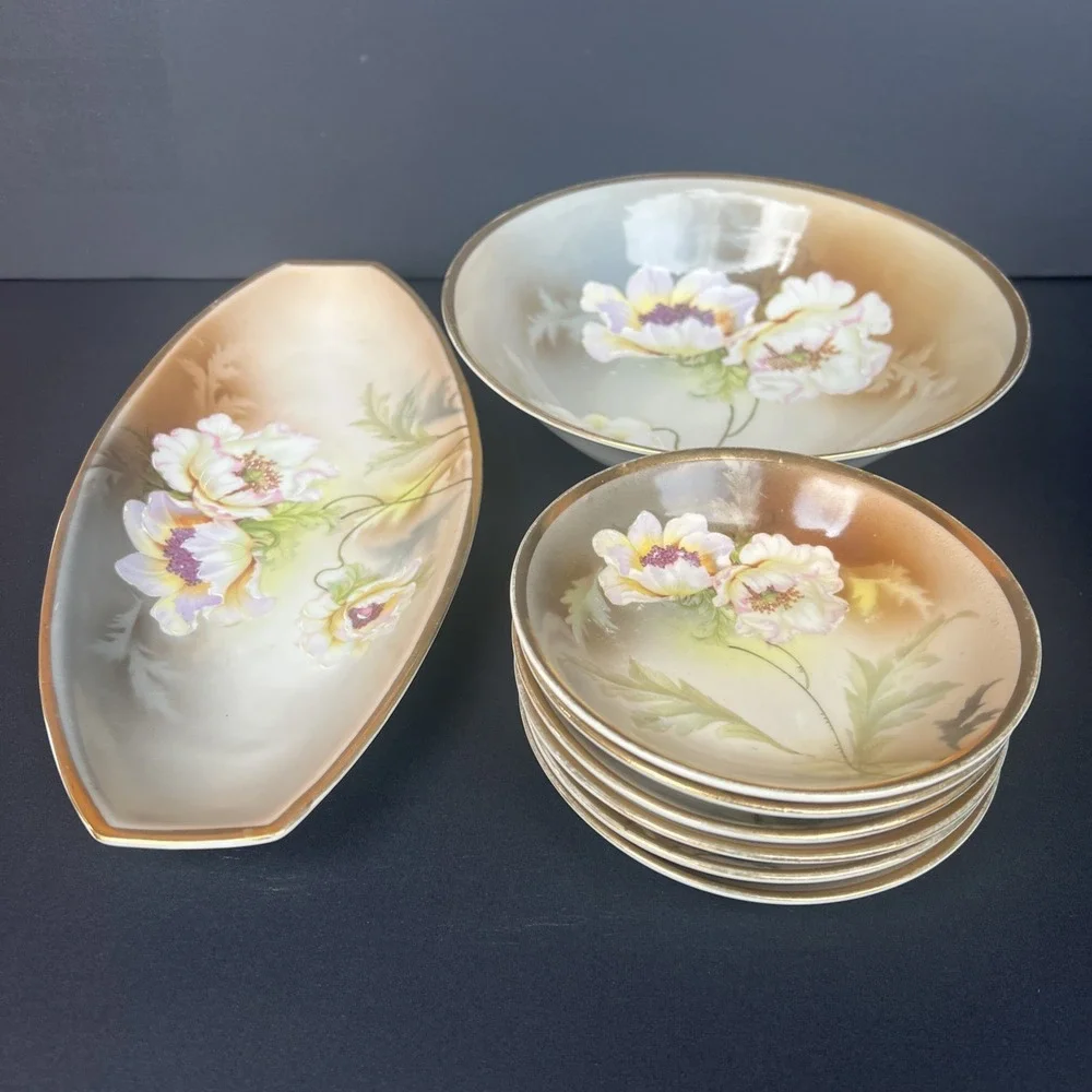 Antique RS Germany 3 Crown Berry Bowl 8 Pc Set Raised Enamel Poppy Floral Gold